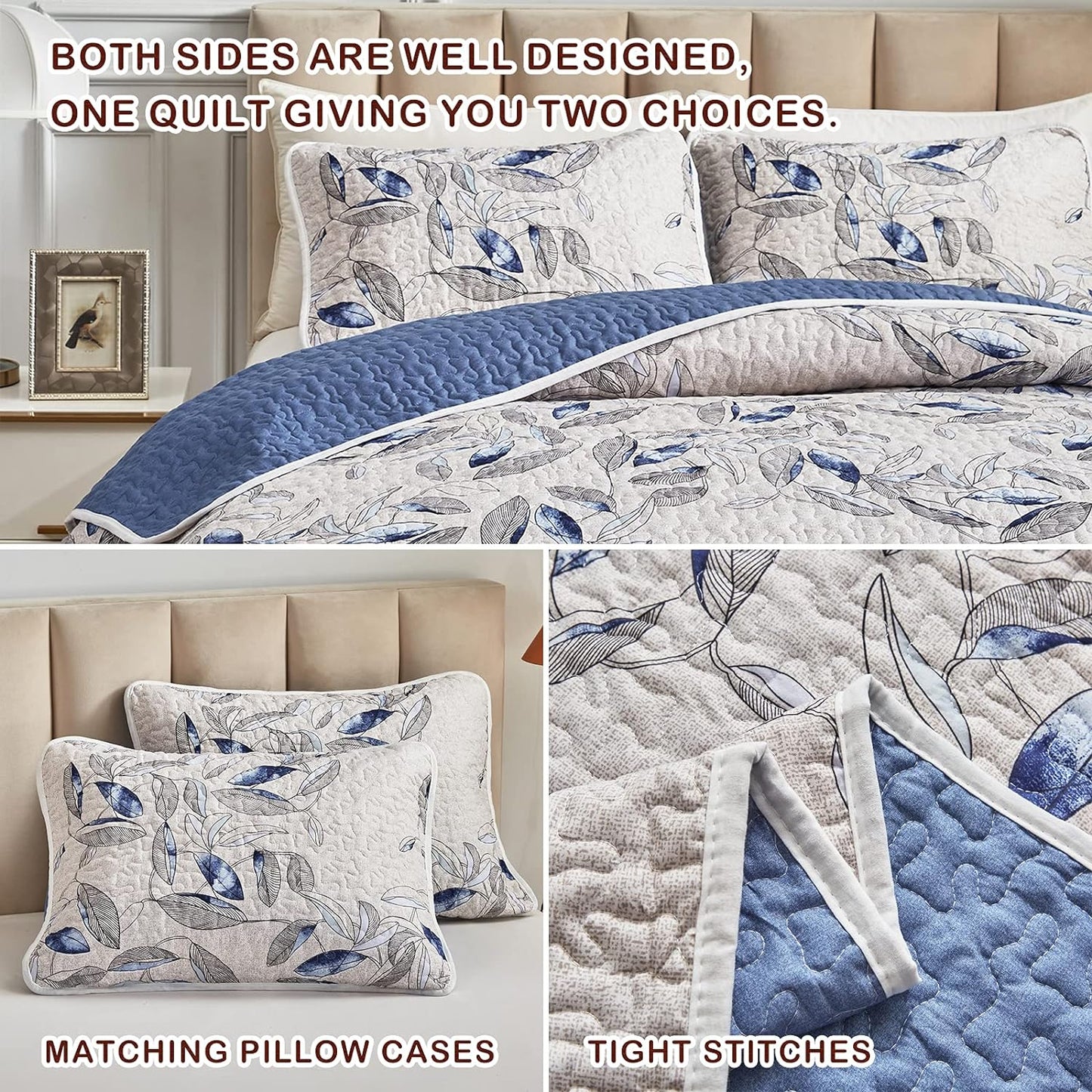 Botanical Blue & Grey Leaves Reversible 3 Piece Bedding Quilt Set