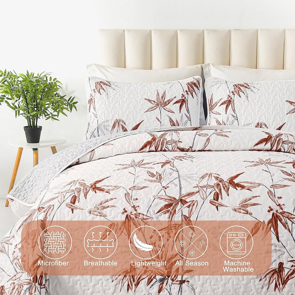 Botanical Burnt Orange Bamboo Leaves 3 Piece Quilt Set