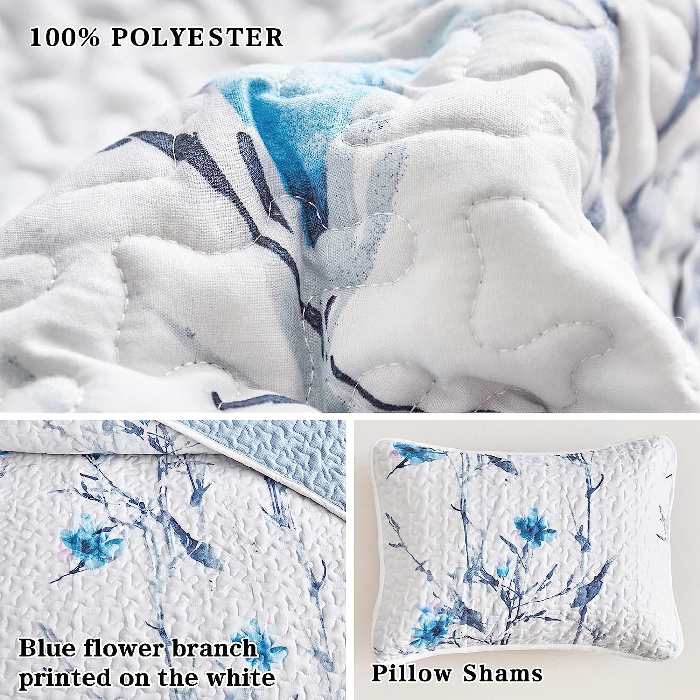 Botanical Blue Floral Branches Reversible 3 Piece Bedding Quilt Set