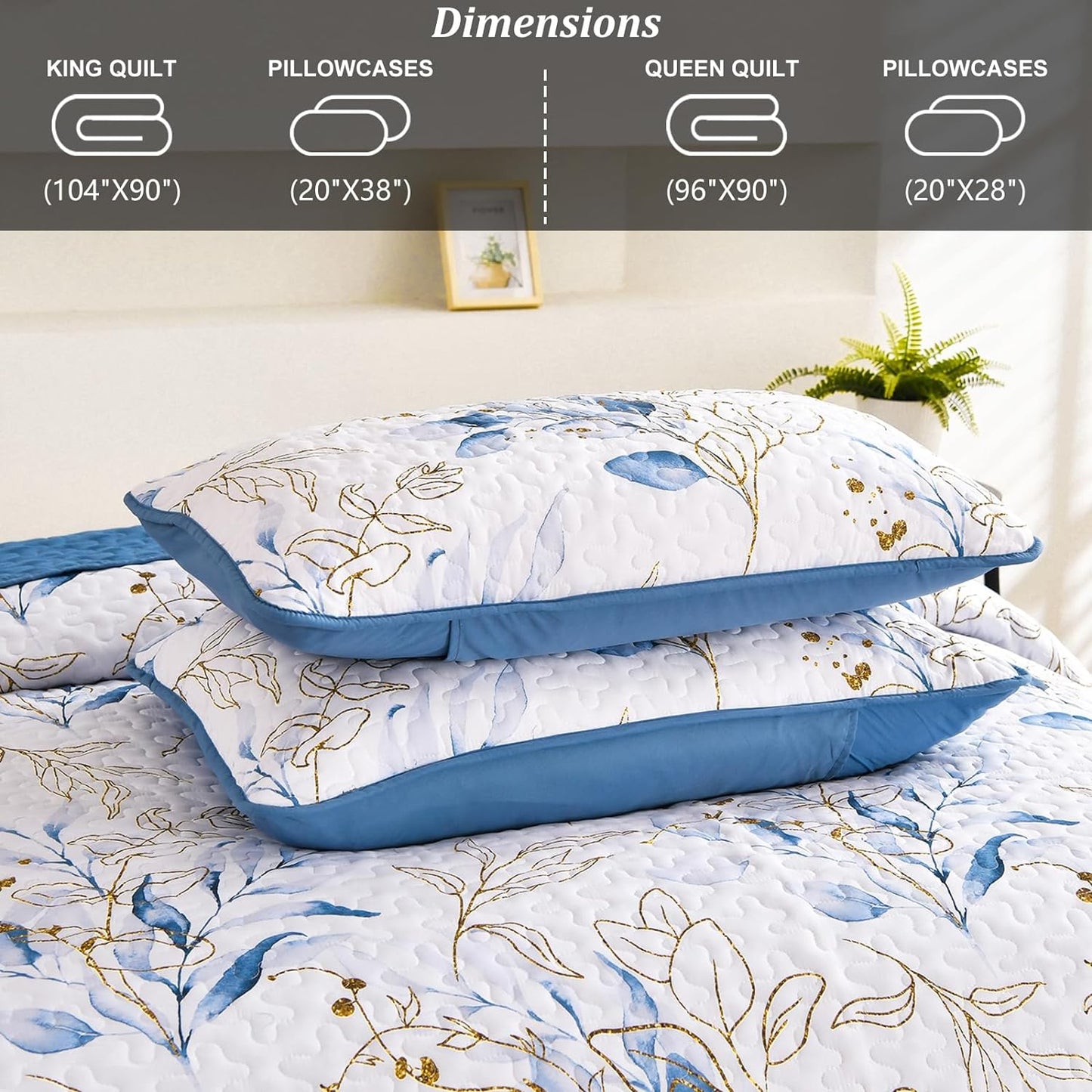 Botanical Blue & Gold Leaves Reversible 3 Piece Bedding Quilt Set