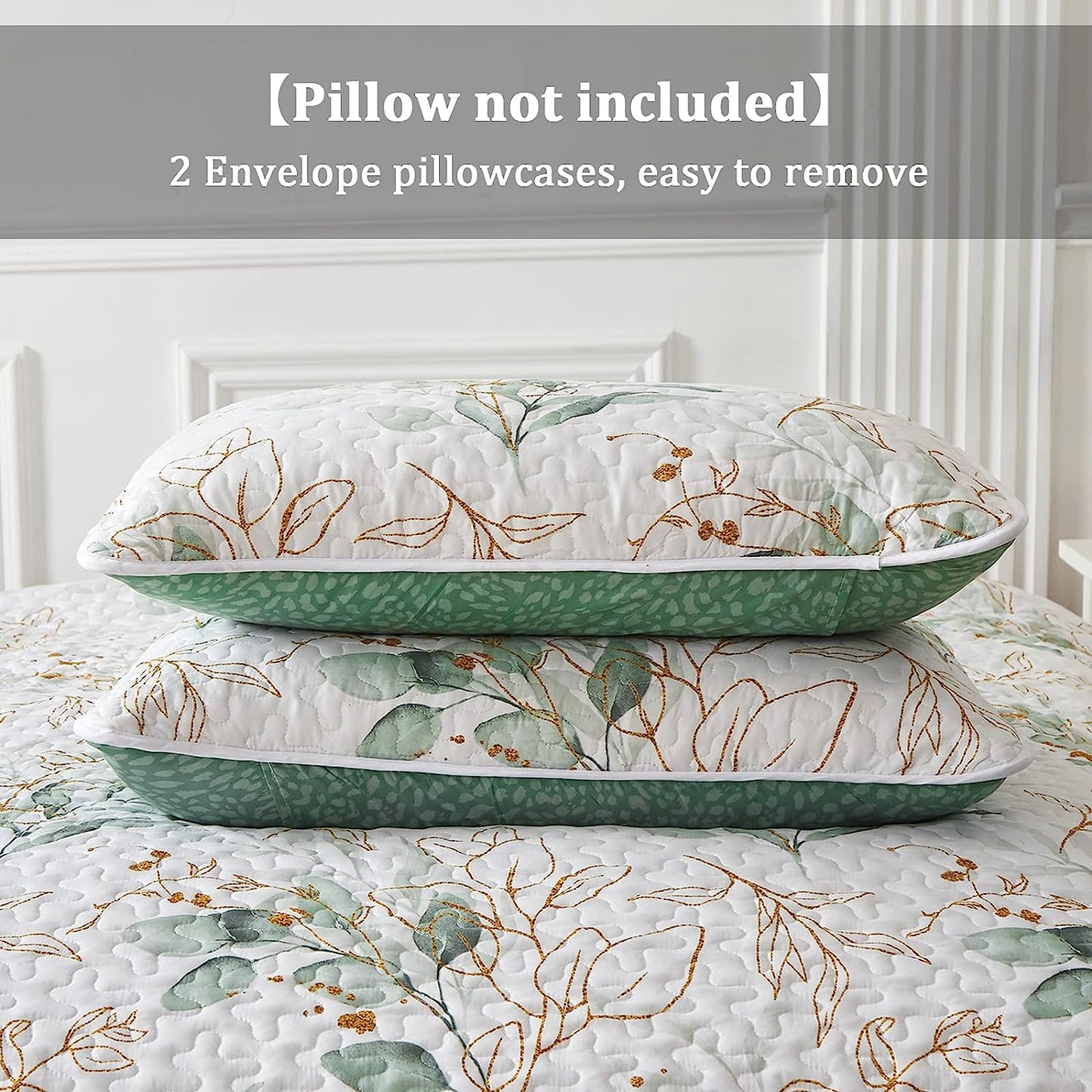 Botanical Green & Gold Leaves Reversible 3 Piece Bedding Quilt Set