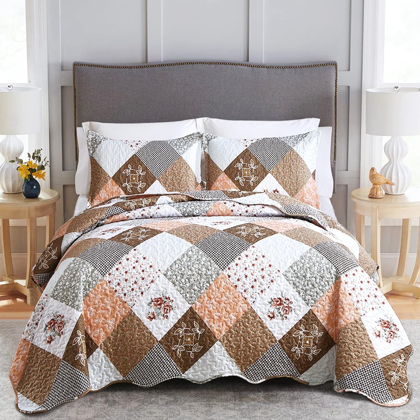 Brown Floral Patchwork 3 Piece Bedding Quilt Set