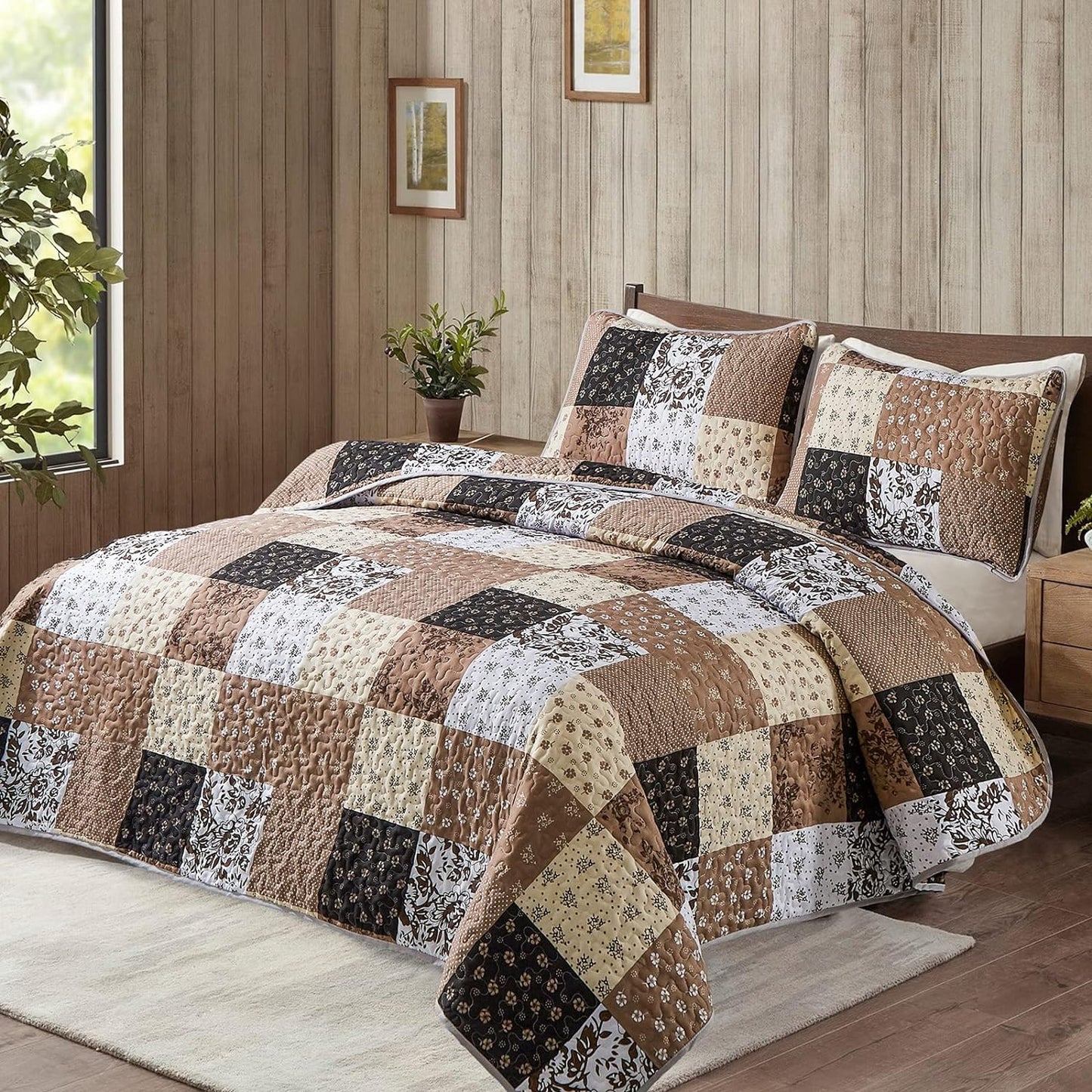 Khaki Floral Patchwork 3 Piece Bedding Quilt Set