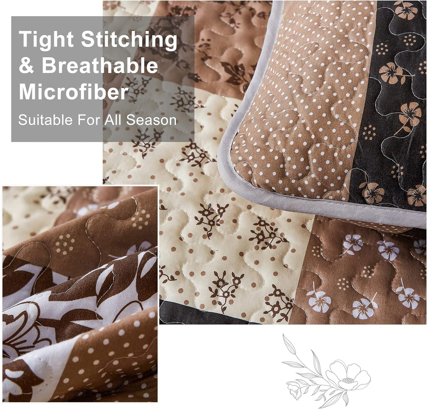 Khaki Floral Patchwork 3 Piece Bedding Quilt Set