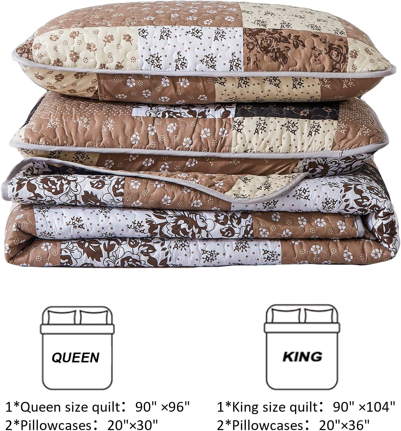 Khaki Floral Patchwork 3 Piece Bedding Quilt Set