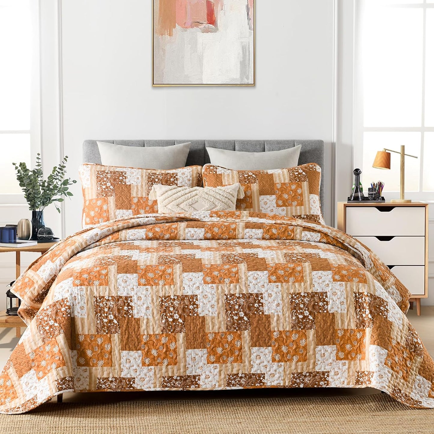 Brown Floral Paisley Patchwork 3 Piece Bedding Quilt Set