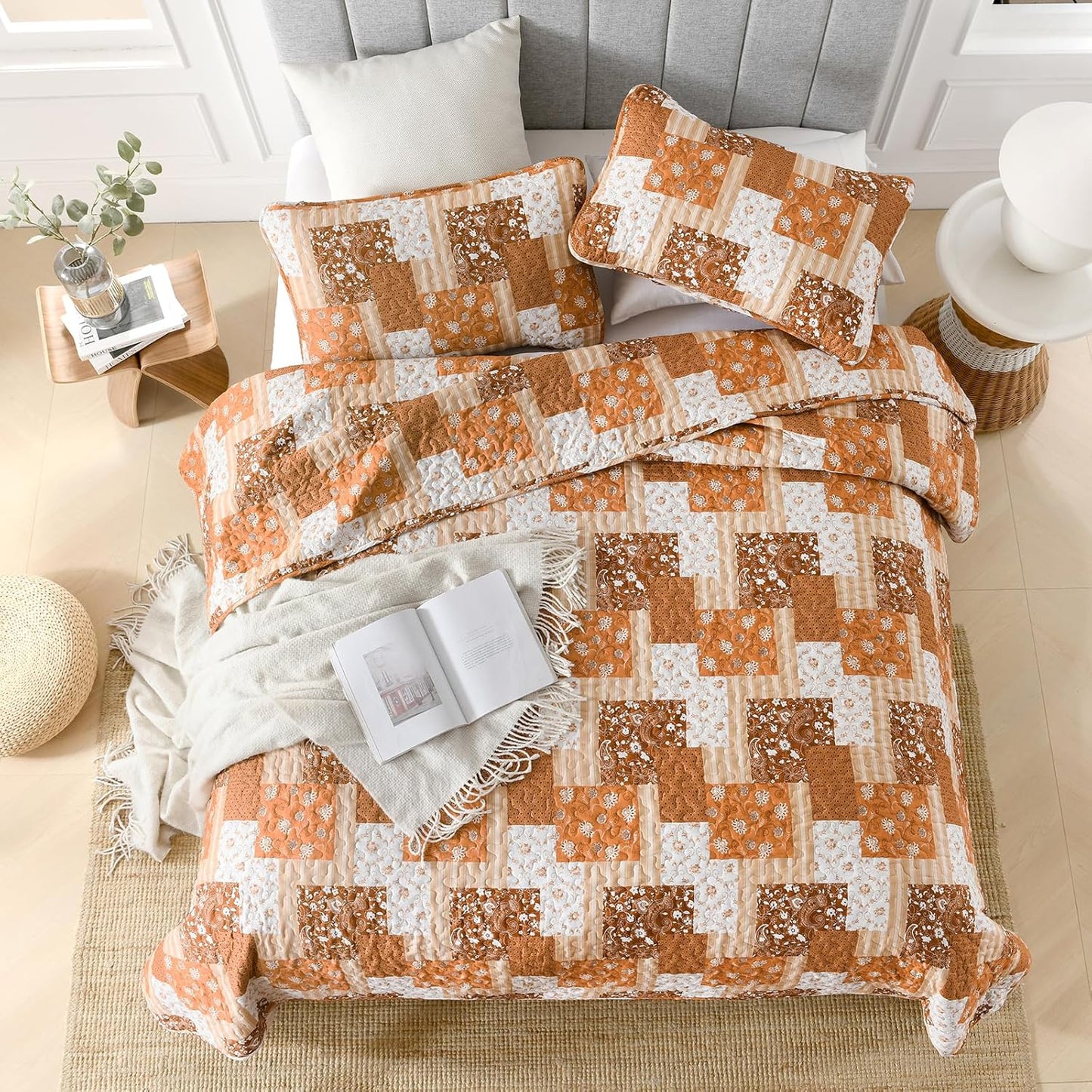 Brown Floral Paisley Patchwork 3 Piece Bedding Quilt Set