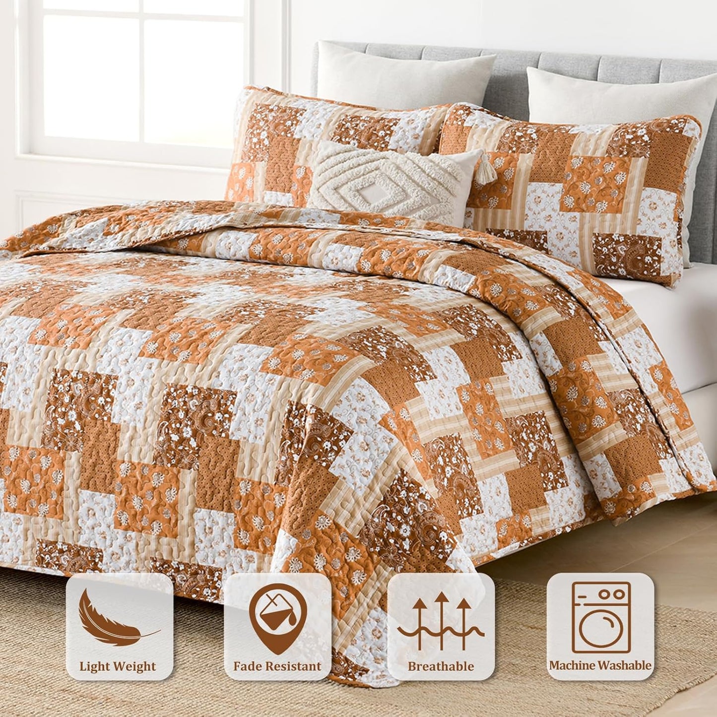 Brown Floral Paisley Patchwork 3 Piece Bedding Quilt Set