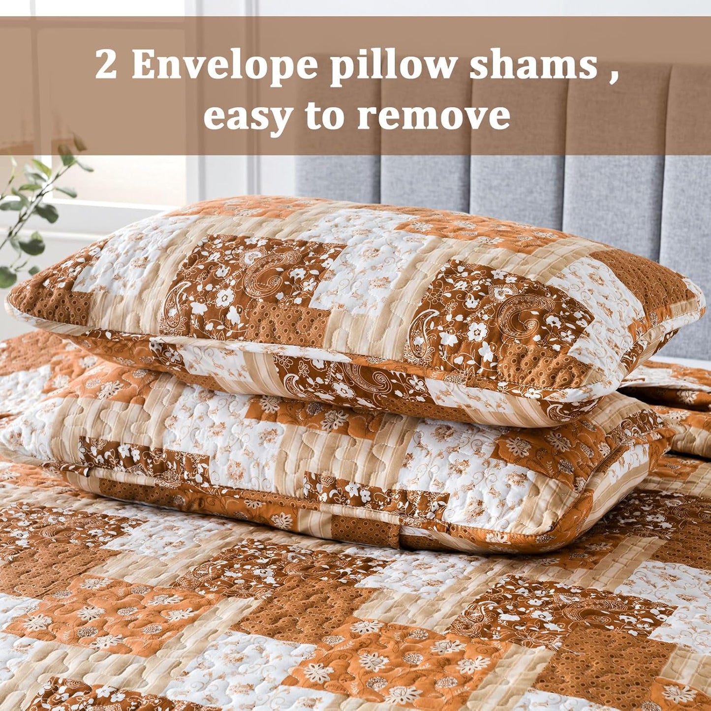 Brown Floral Paisley Patchwork 3 Piece Bedding Quilt Set