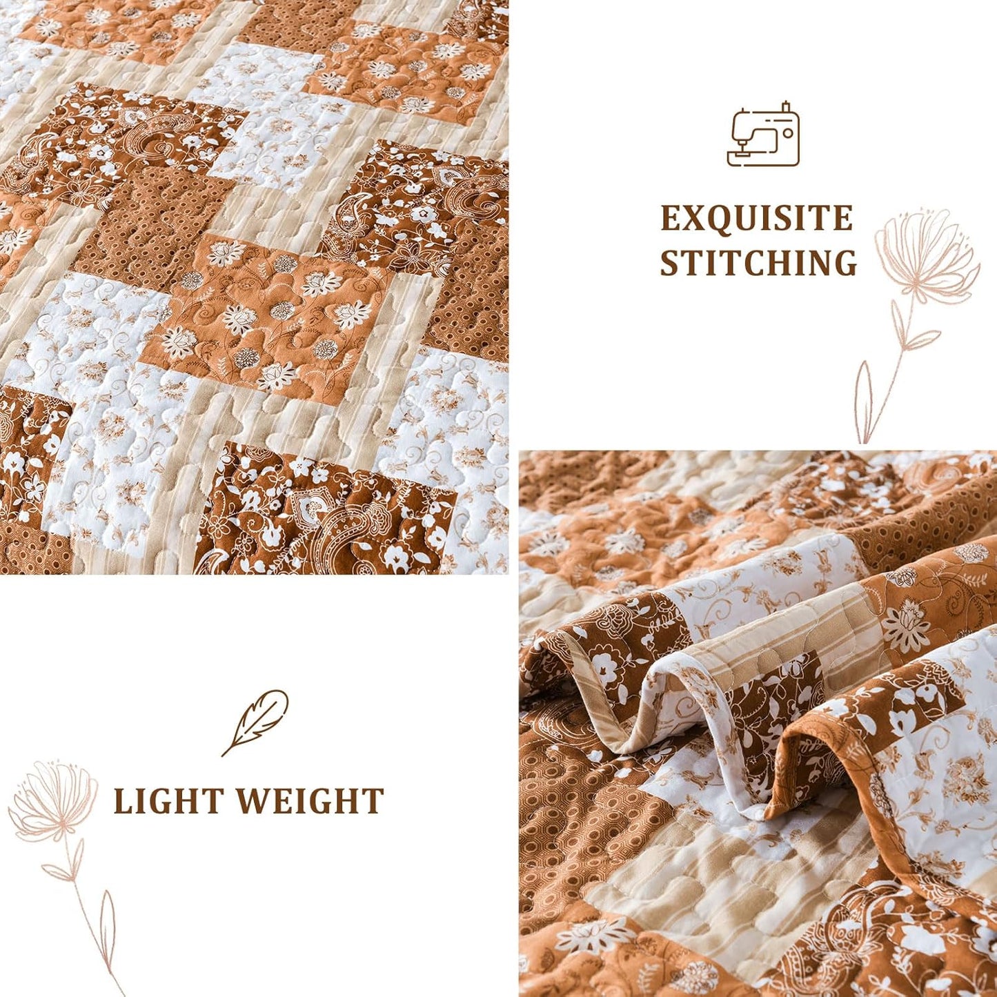 Brown Floral Paisley Patchwork 3 Piece Bedding Quilt Set