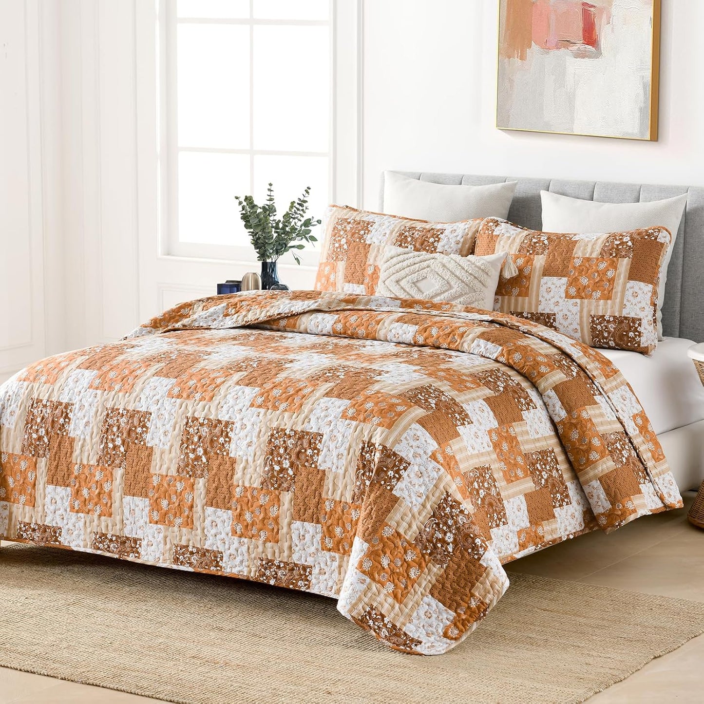 Brown Floral Paisley Patchwork 3 Piece Bedding Quilt Set