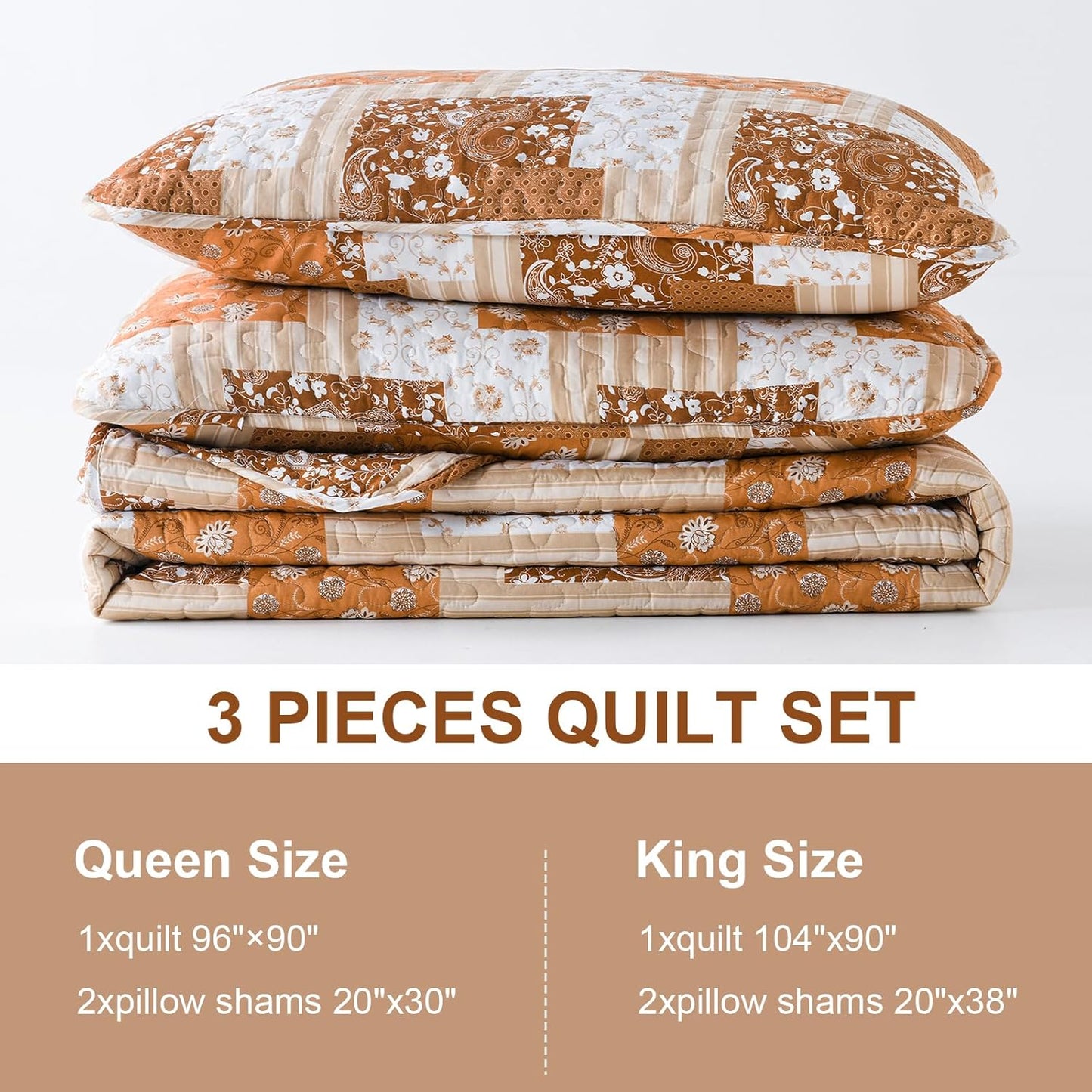 Brown Floral Paisley Patchwork 3 Piece Bedding Quilt Set