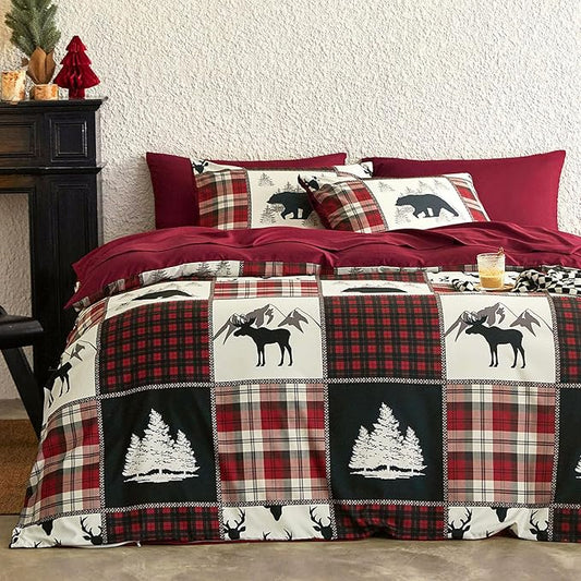 Burgundy Lodge Patchwork Plaid 3 Piece Comforter Set