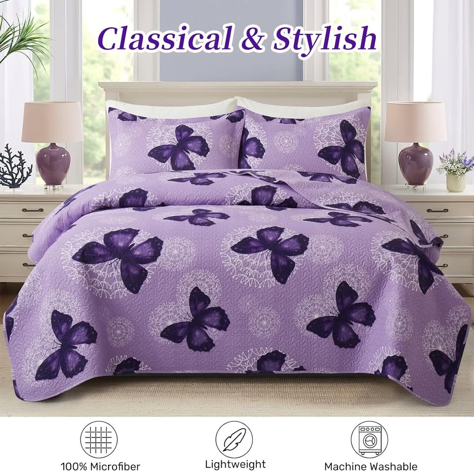Purple Butterflies 3 Piece Bedding Quilt Set