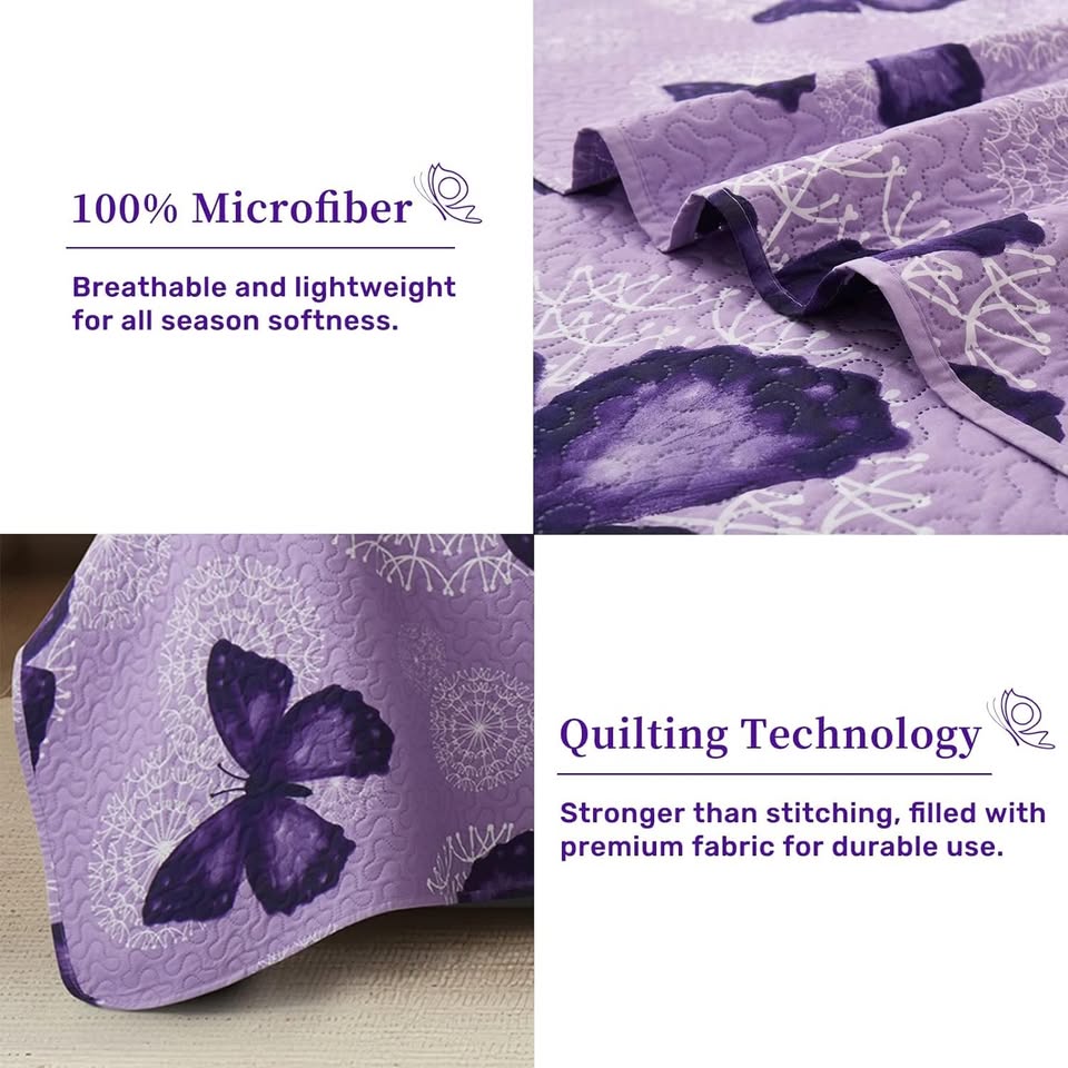 Purple Butterflies 3 Piece Bedding Quilt Set