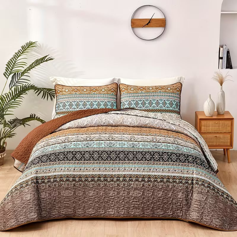 Bohemian Brown Reversible 3 Piece Bedding Quilt Set