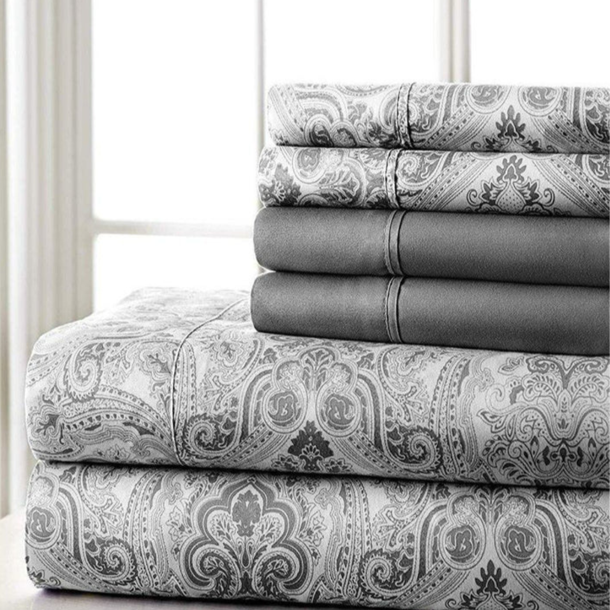 Dark Grey Paisley Deep Pocket 6 Piece Sheet Set