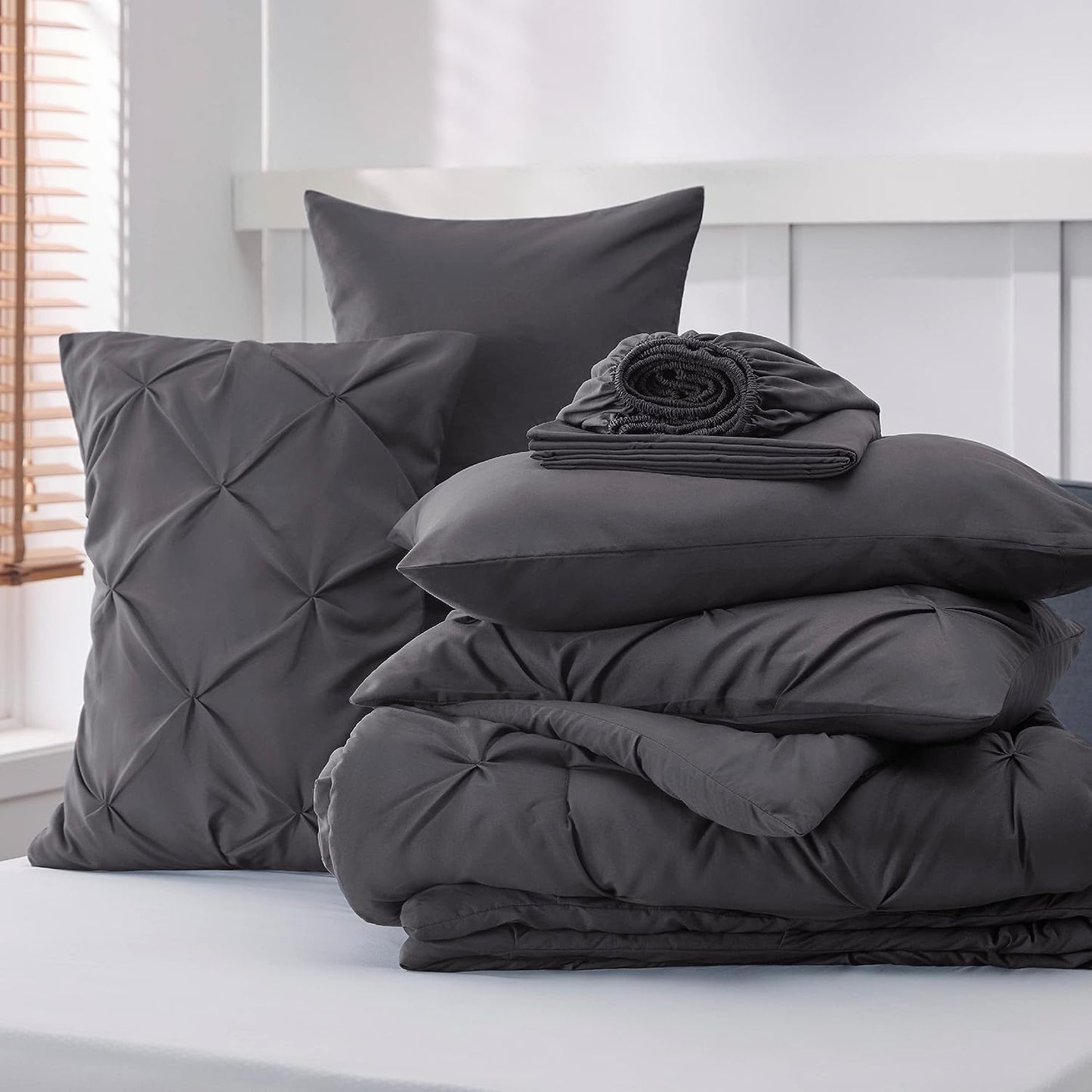 Dark Grey Pinch Pleated 7 Piece Comforter Set