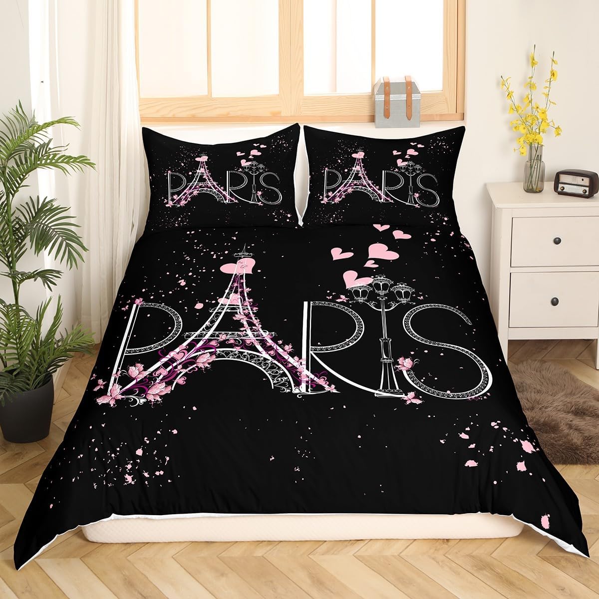Black & Pink Eiffel Tower 3 Piece Duvet Cover Set