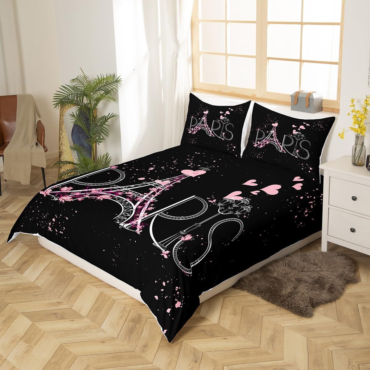 Black & Pink Eiffel Tower 3 Piece Duvet Cover Set