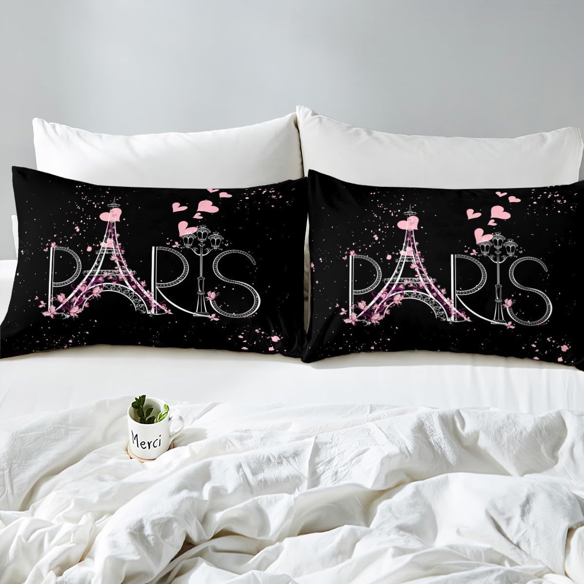 Black & Pink Eiffel Tower 3 Piece Duvet Cover Set