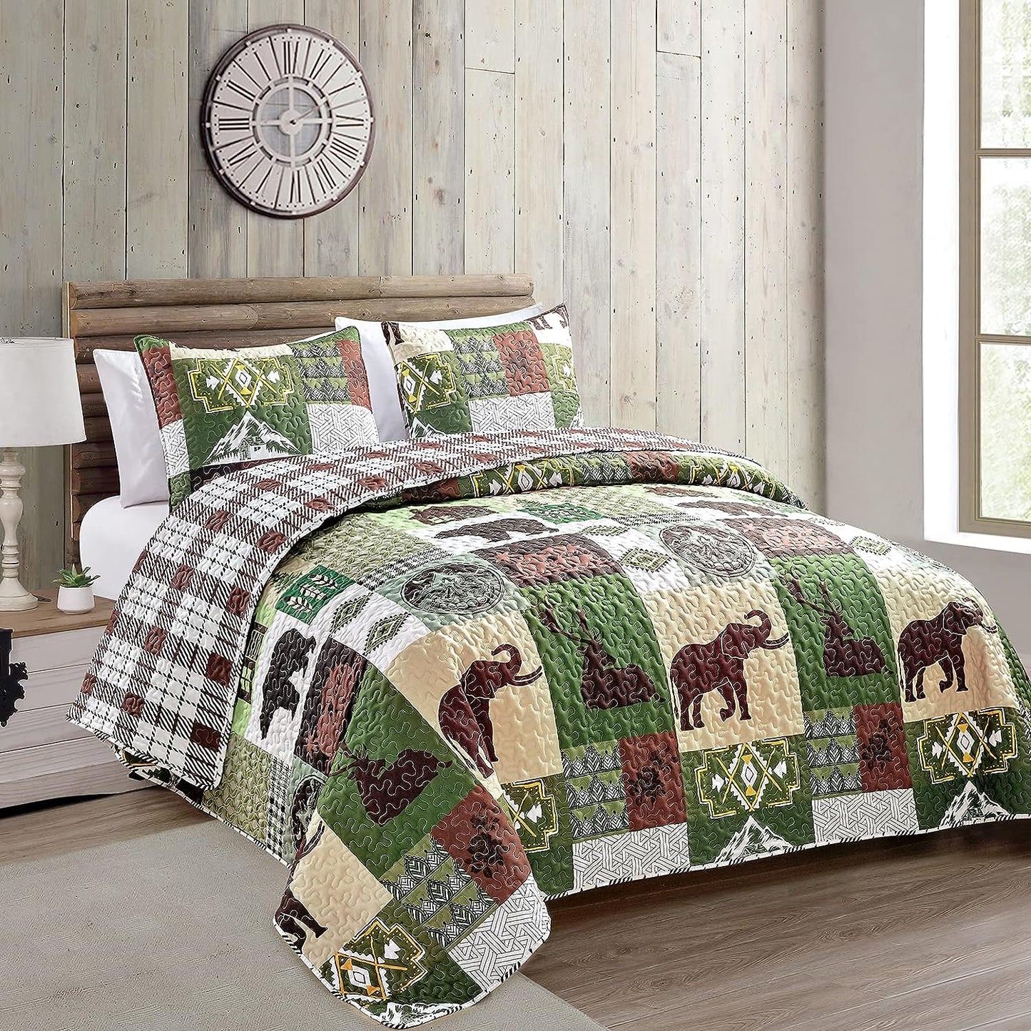 Ensemble de couvre-lit 3 pièces rustique ours et éléphant marron et vert