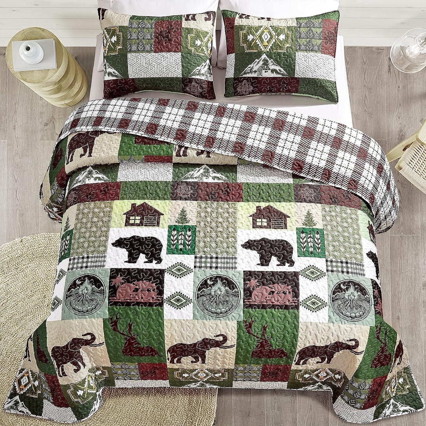 Ensemble de couvre-lit 3 pièces rustique ours et éléphant marron et vert