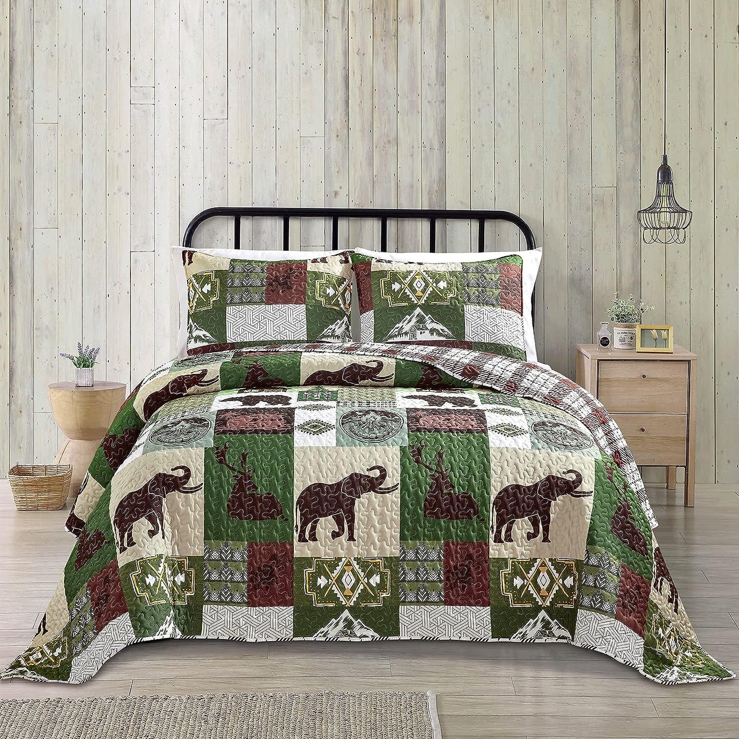 Ensemble de couvre-lit 3 pièces rustique ours et éléphant marron et vert