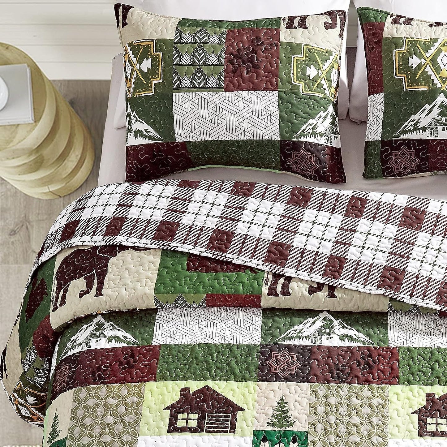Ensemble de couvre-lit 3 pièces rustique ours et éléphant marron et vert