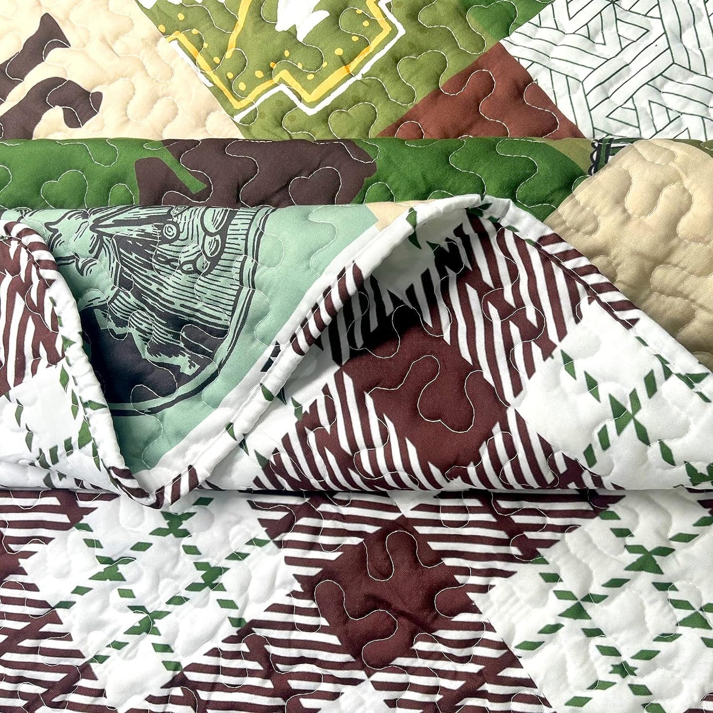 Ensemble de couvre-lit 3 pièces rustique ours et éléphant marron et vert