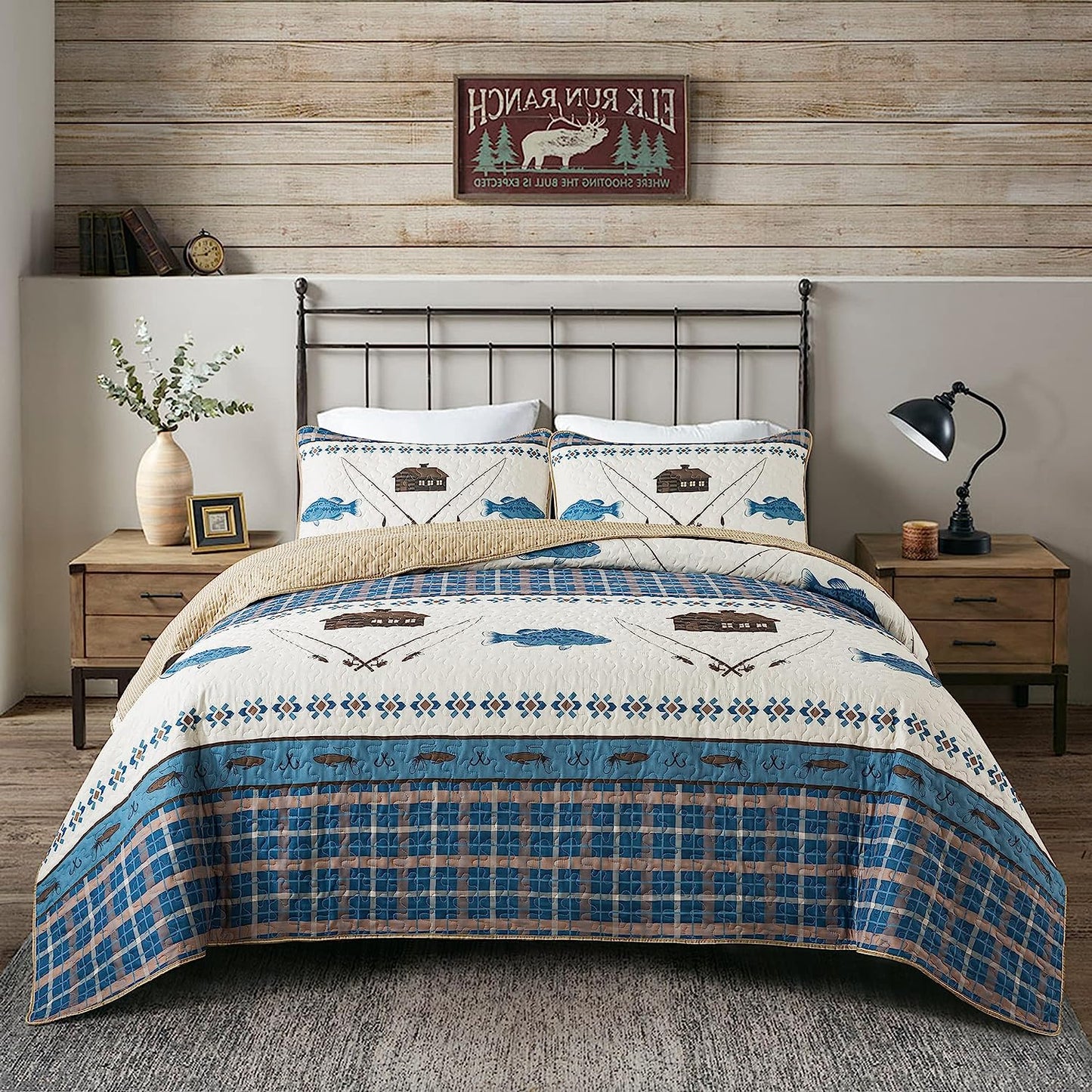 Cabin Lodge Gone Fishing Blue & Taupe 3 Piece Bedspread Set