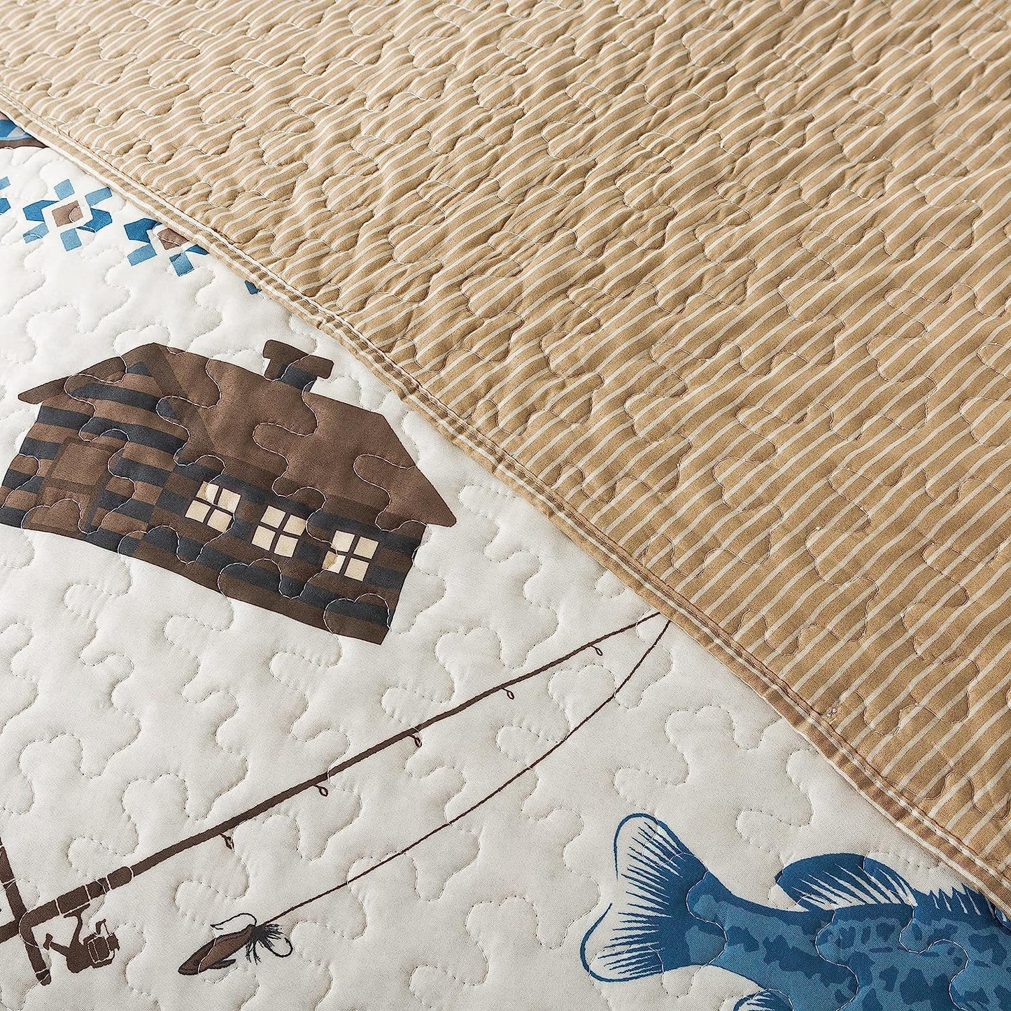 Cabin Lodge Gone Fishing Blue & Taupe 3 Piece Bedspread Set
