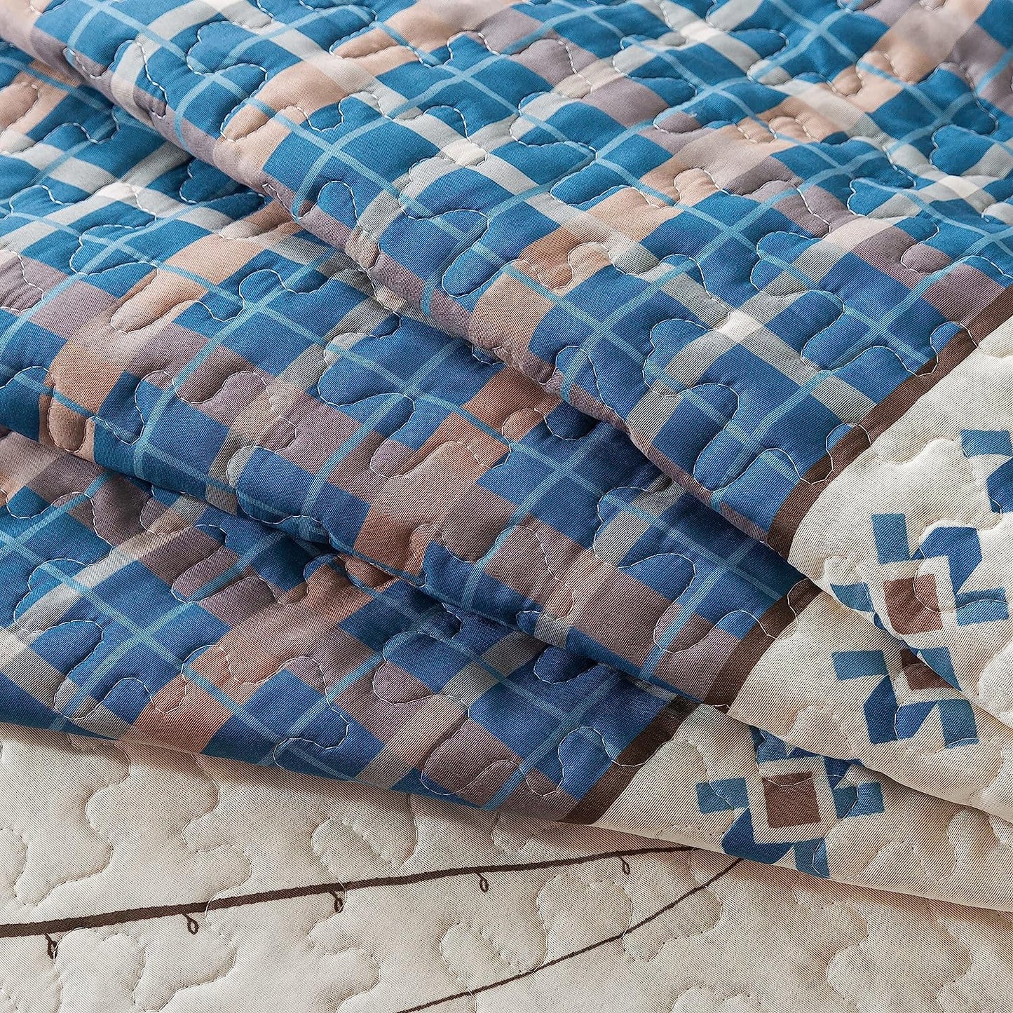 Cabin Lodge Gone Fishing Blue & Taupe 3 Piece Bedspread Set