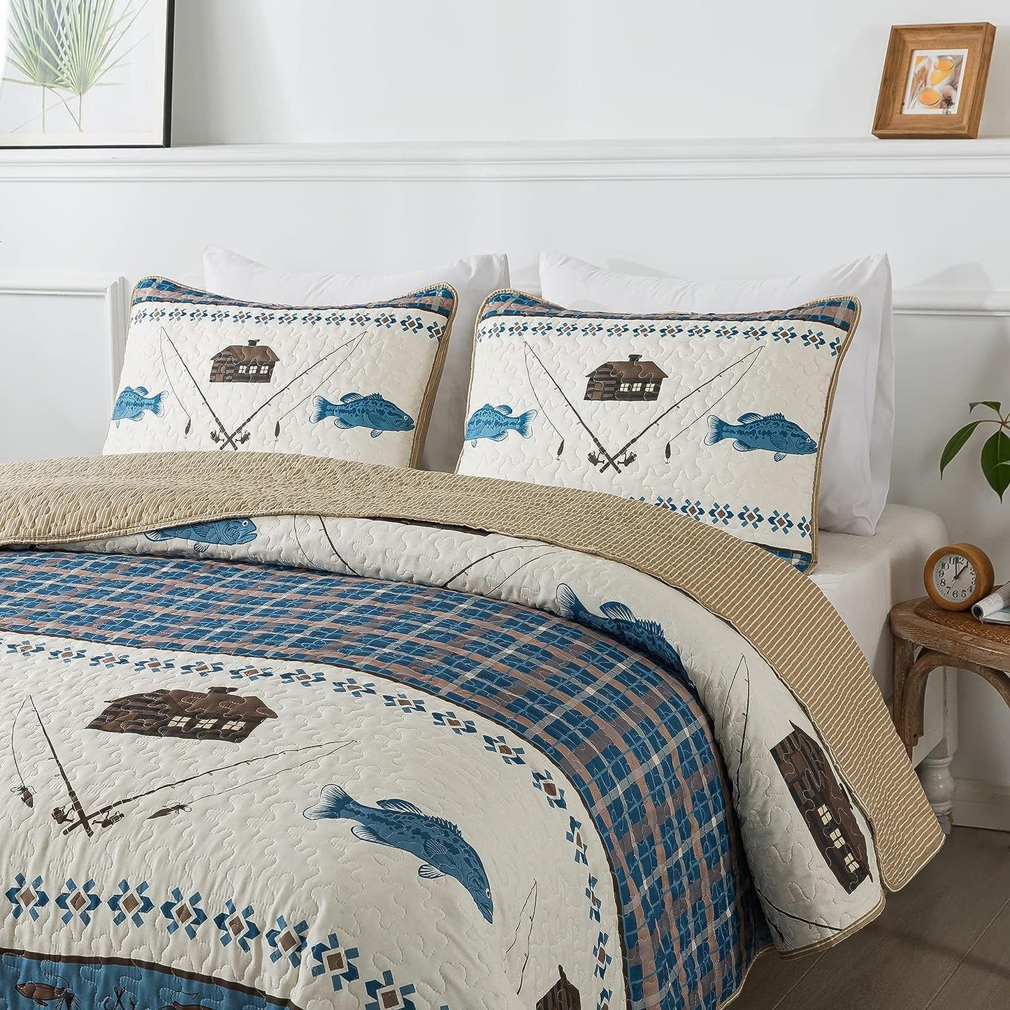 Cabin Lodge Gone Fishing Blue & Taupe 3 Piece Bedspread Set