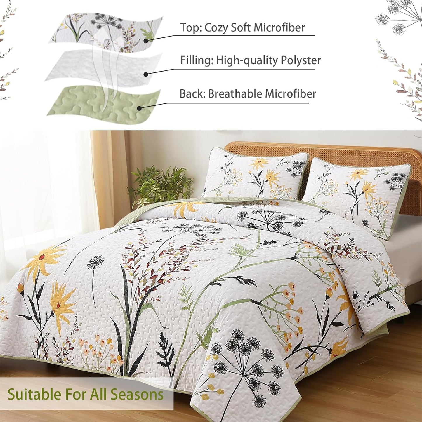 Ensemble de courtepointe réversible à motif floral rustique 3 pièces country