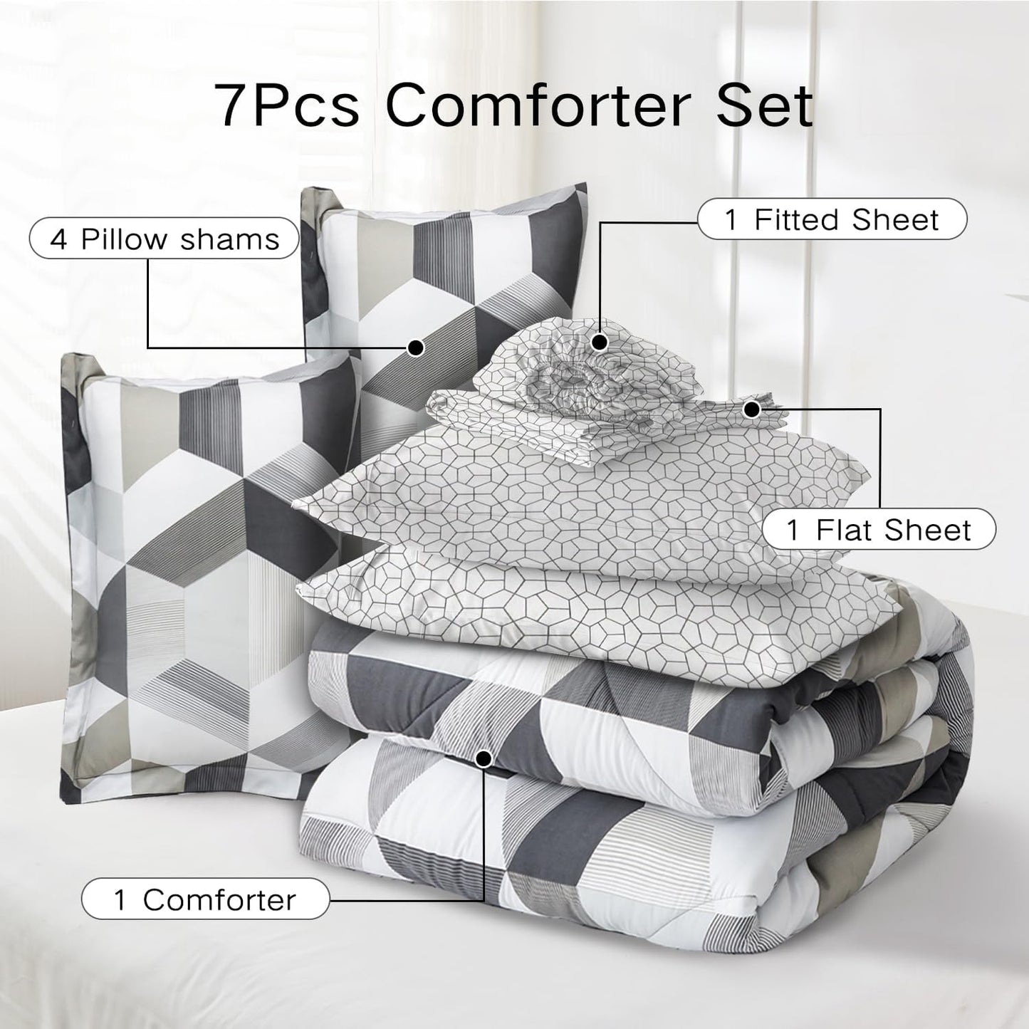 White & Grey 7 Piece Geometric Shapes Comforter Set