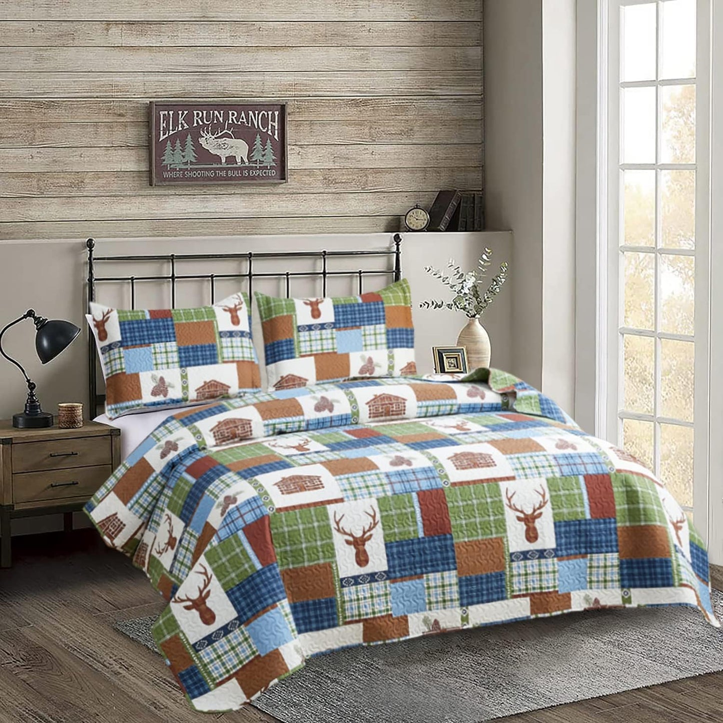 Rustic Deer Gingham Plaid Blue Brown & Green 3 Piece Bedspread Set