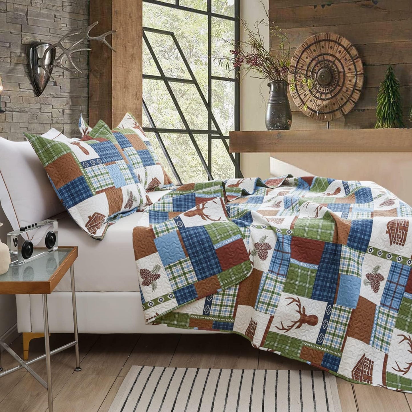 Rustic Deer Gingham Plaid Blue Brown & Green 3 Piece Bedspread Set