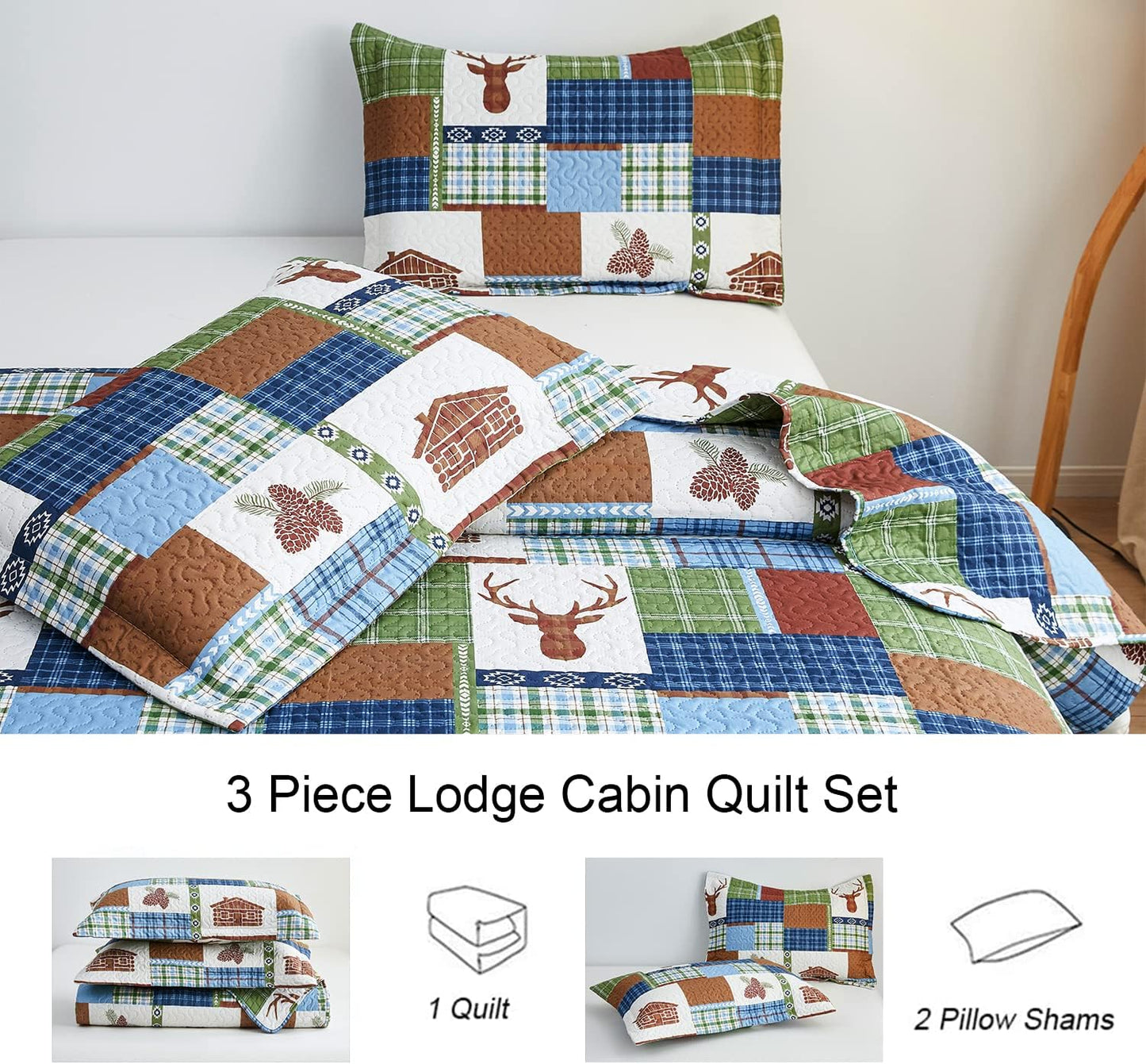 Rustic Deer Gingham Plaid Blue Brown & Green 3 Piece Bedspread Set