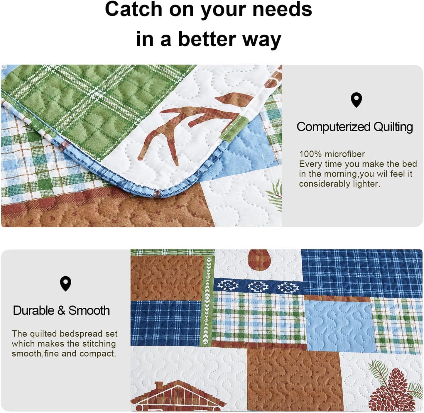 Rustic Deer Gingham Plaid Blue Brown & Green 3 Piece Bedspread Set