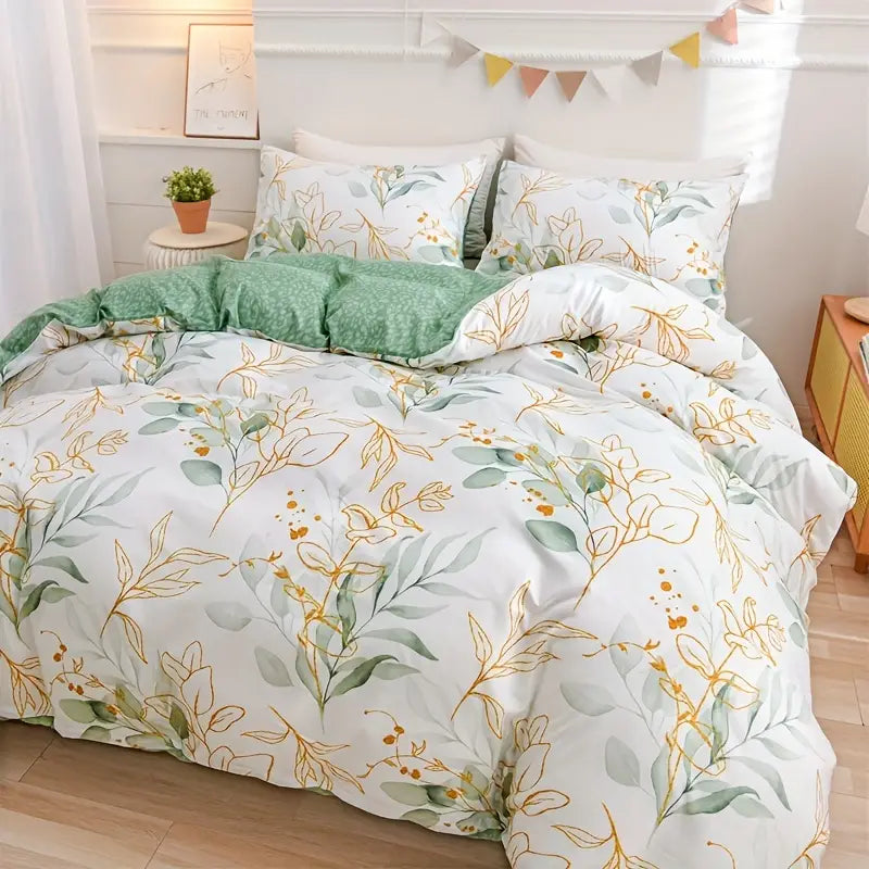 Botanical Green & Gold Leaves Floral - 3 Piece Duvet Cover Set