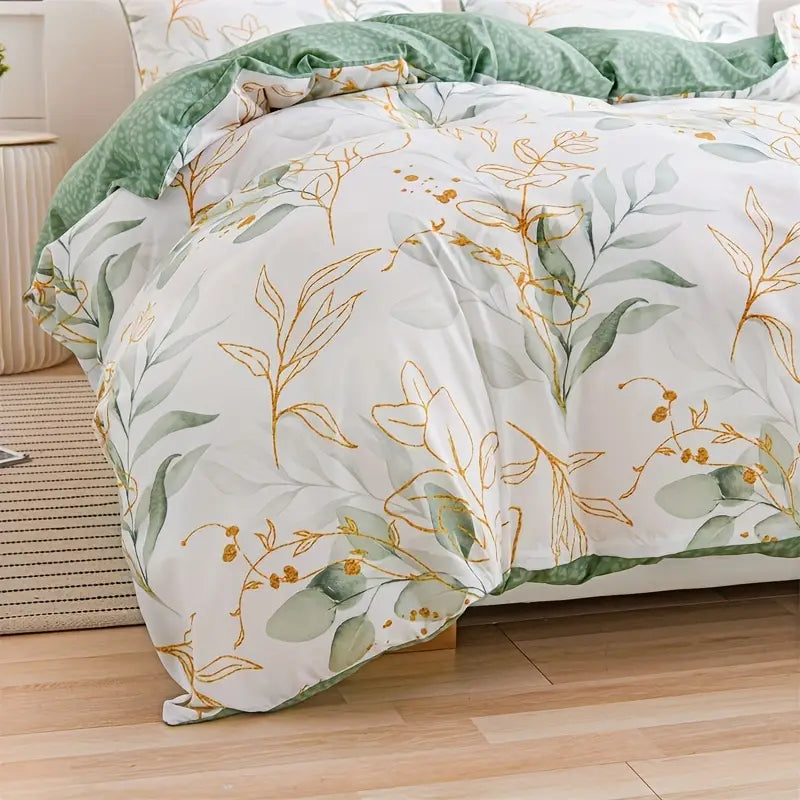 Botanical Green & Gold Leaves Floral - 3 Piece Duvet Cover Set