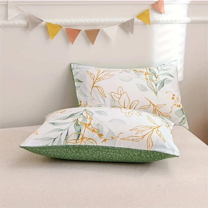 Botanical Green & Gold Leaves Floral - 3 Piece Duvet Cover Set