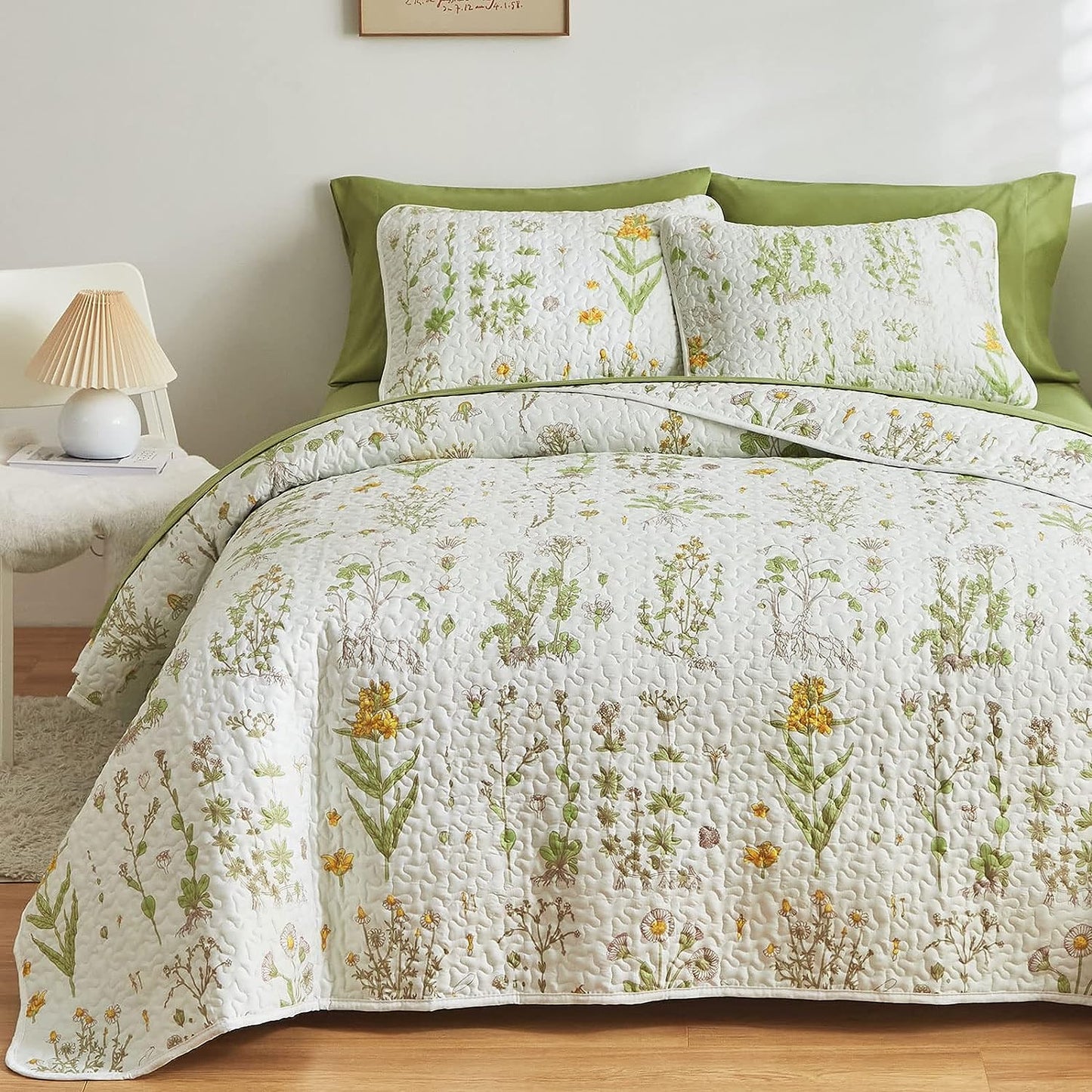 Botanical Green & Yellow Floral Reversible 3 Piece Bedding Quilt Set