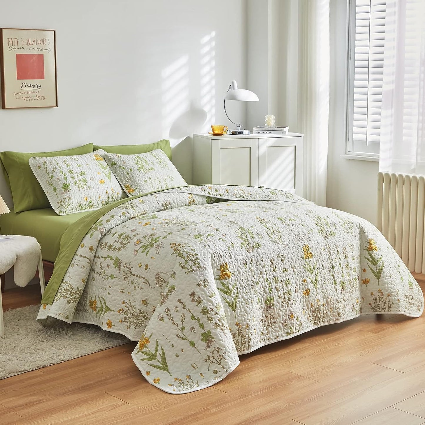 Botanical Green & Yellow Floral Reversible 3 Piece Bedding Quilt Set