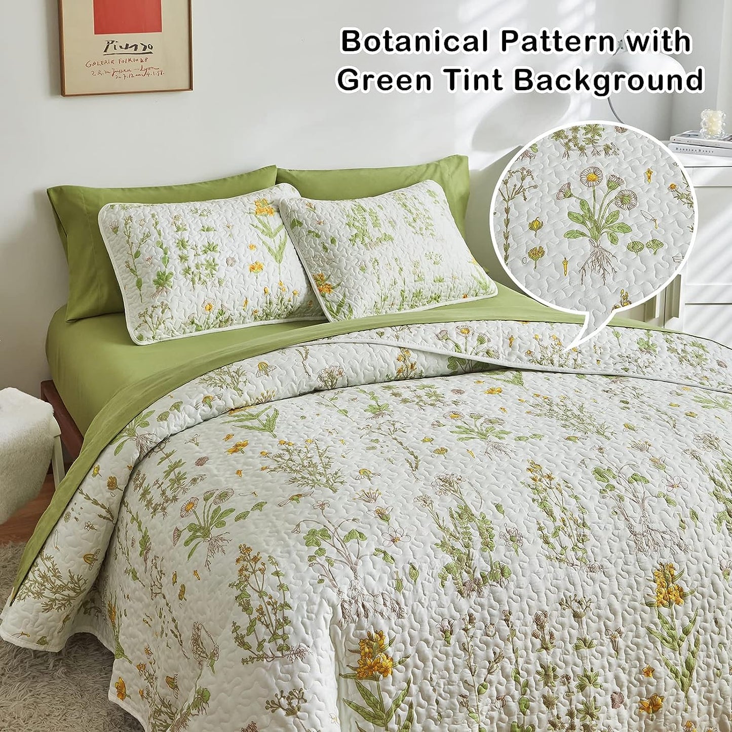 Botanical Green & Yellow Floral Reversible 3 Piece Bedding Quilt Set