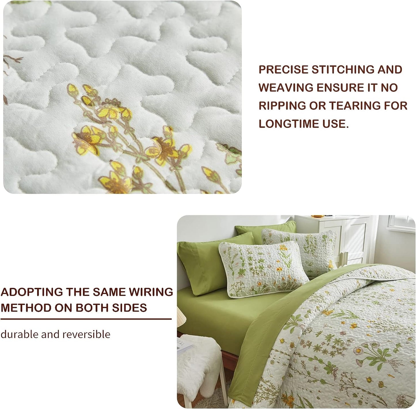 Botanical Green & Yellow Floral Reversible 3 Piece Bedding Quilt Set