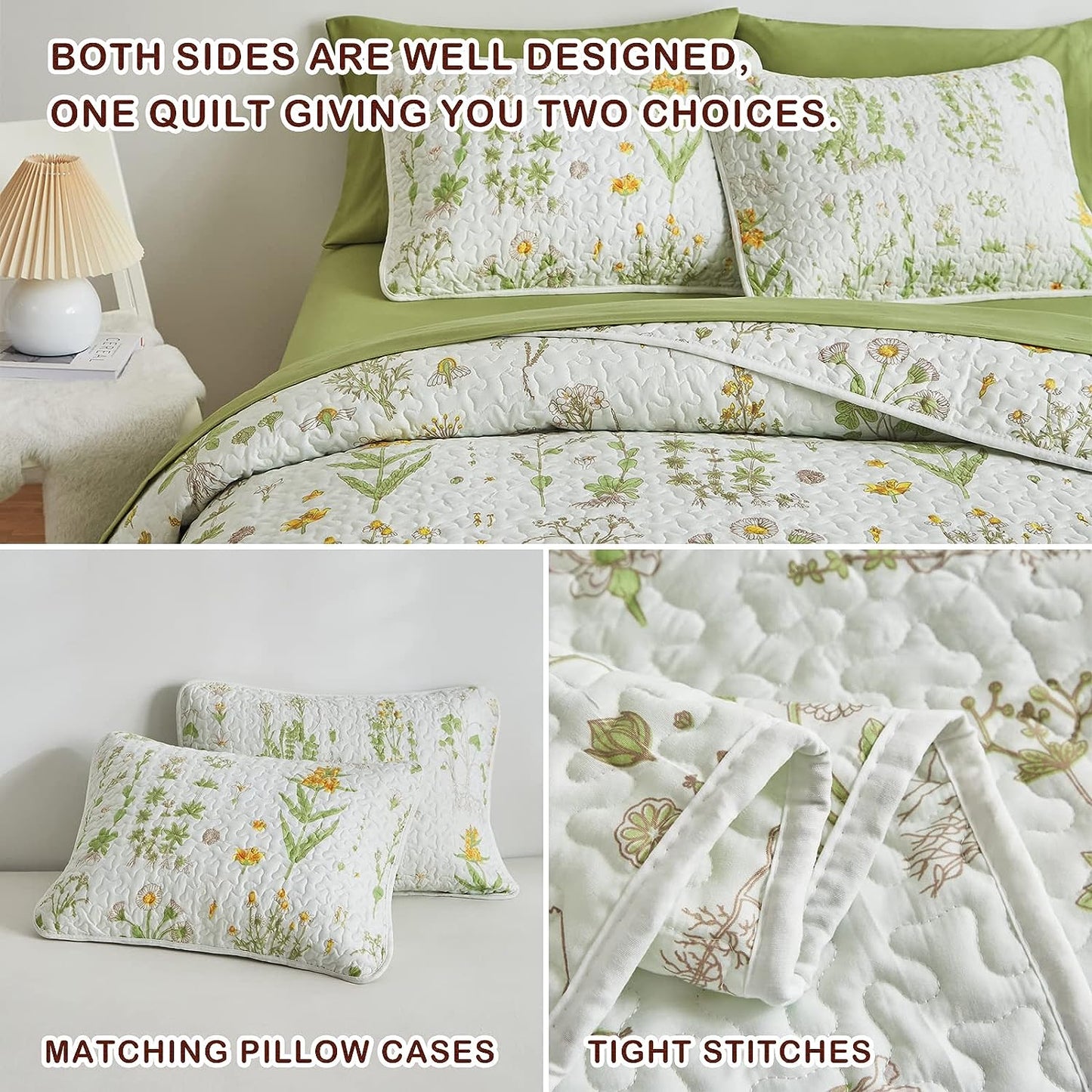Botanical Green & Yellow Floral Reversible 3 Piece Bedding Quilt Set