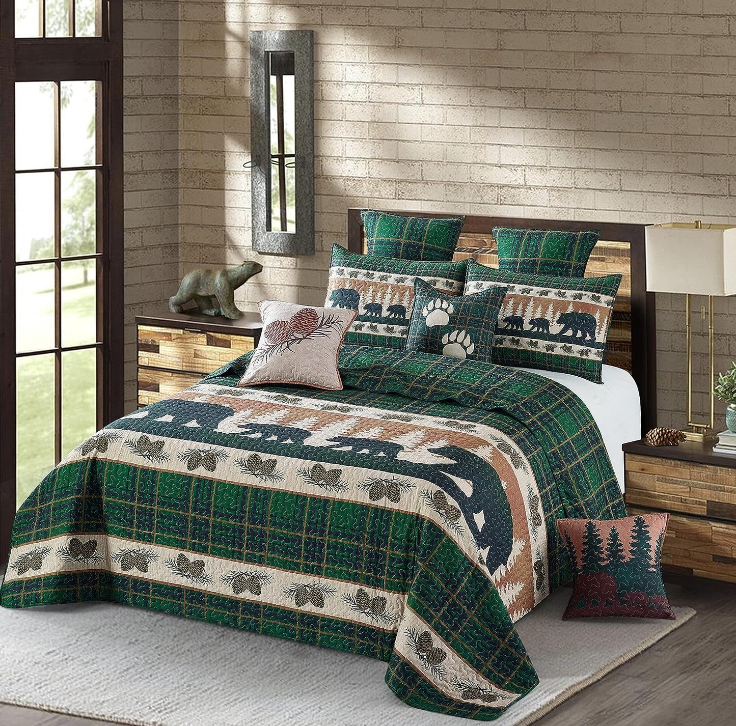 Cottage Bear Green & Brown 3 Piece Bedspread Set
