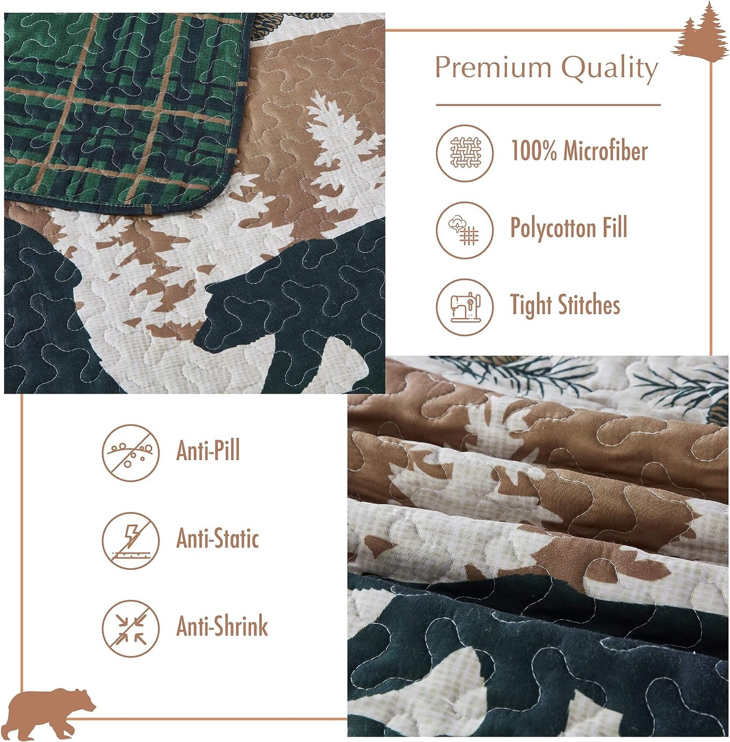 Cottage Bear Green & Brown 3 Piece Bedspread Set